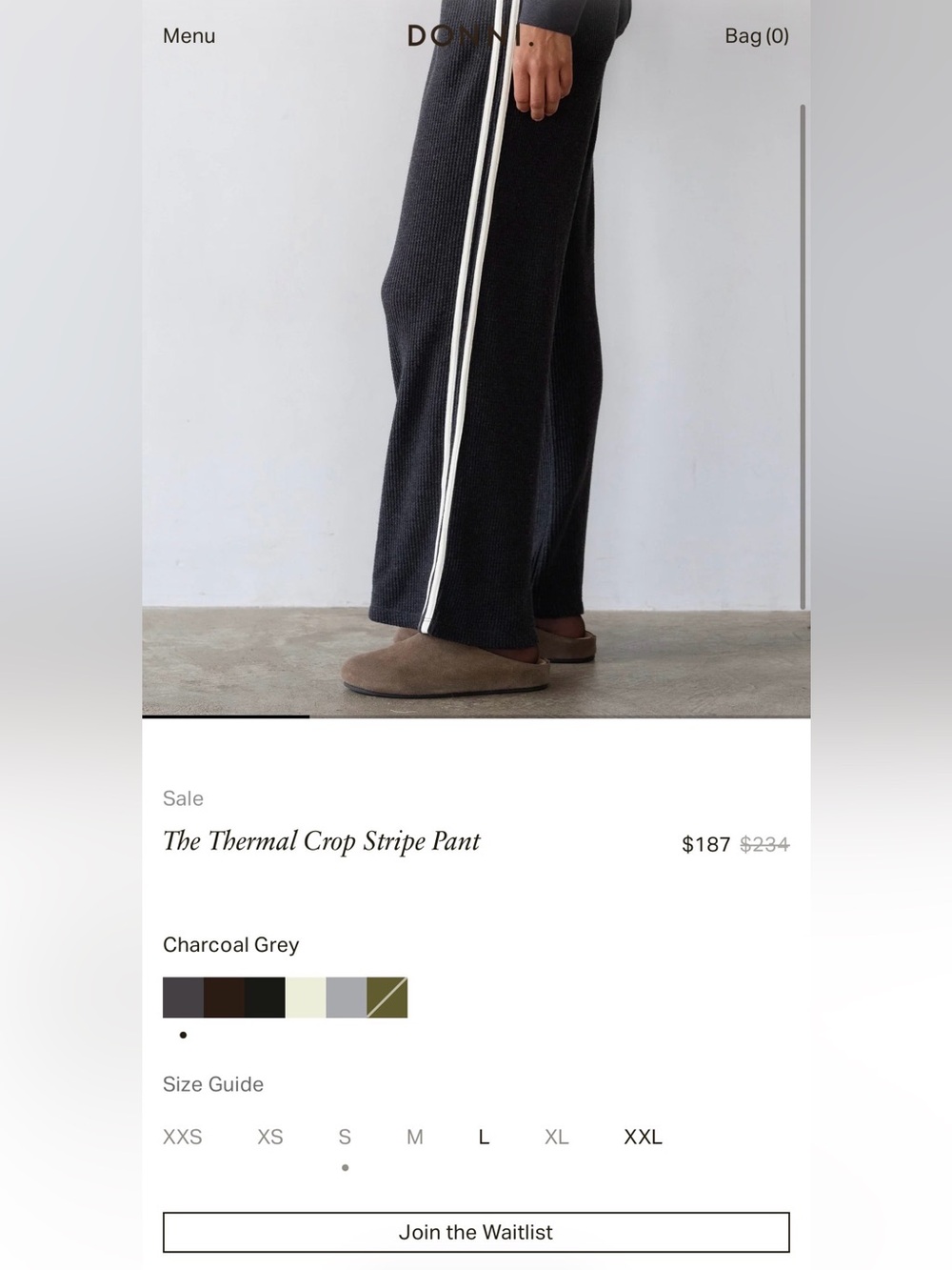 DONNI. The Thermal Crop Stripe Pant in Charcoal Grey